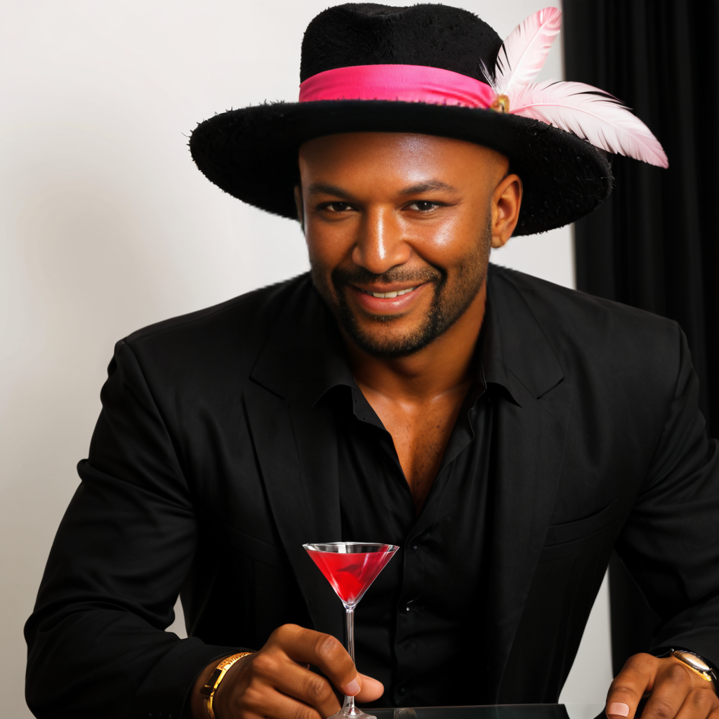 Mr. Winky in a black suit, with a bold hat band and feather, holding a red drink.